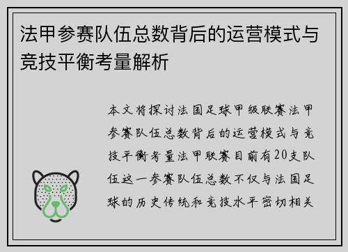 法甲参赛队伍总数背后的运营模式与竞技平衡考量解析