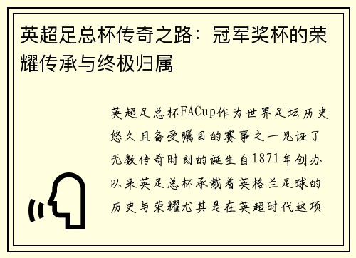 英超足总杯传奇之路：冠军奖杯的荣耀传承与终极归属