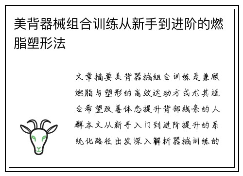 美背器械组合训练从新手到进阶的燃脂塑形法